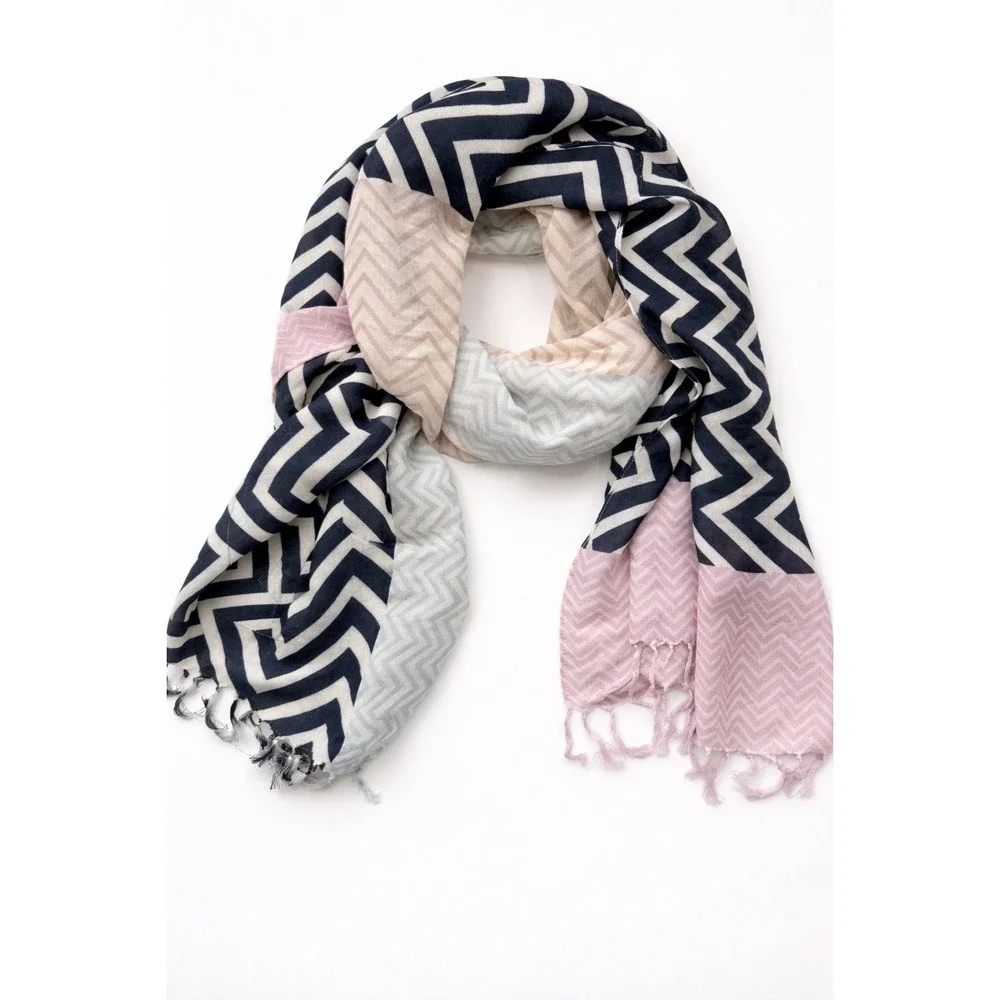 J. Crew‎ Scarf Navy Pink Chevron Wool Blend Preppy Coastal Wrap Elevated basics